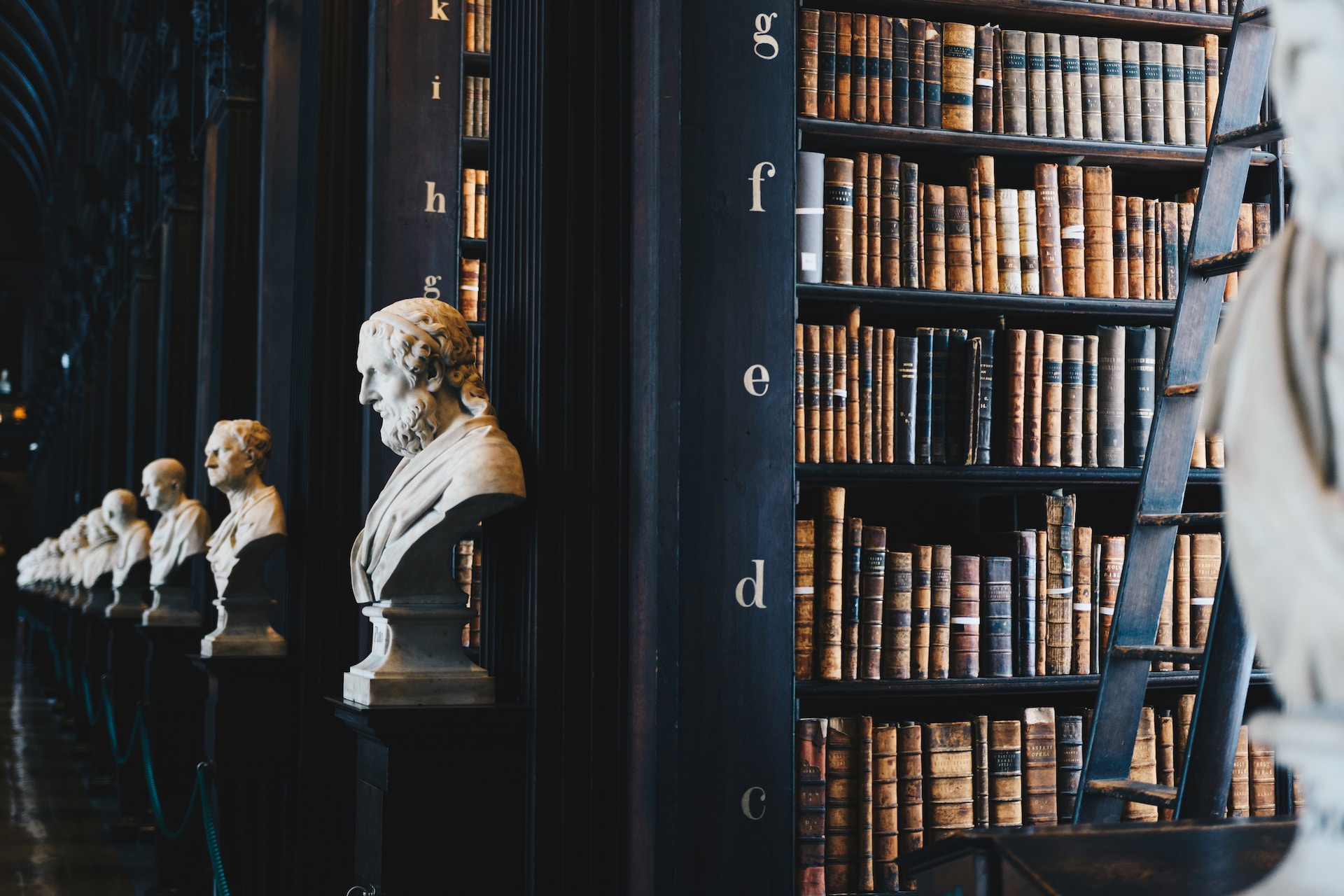 Historic legal texts on dark library shelves