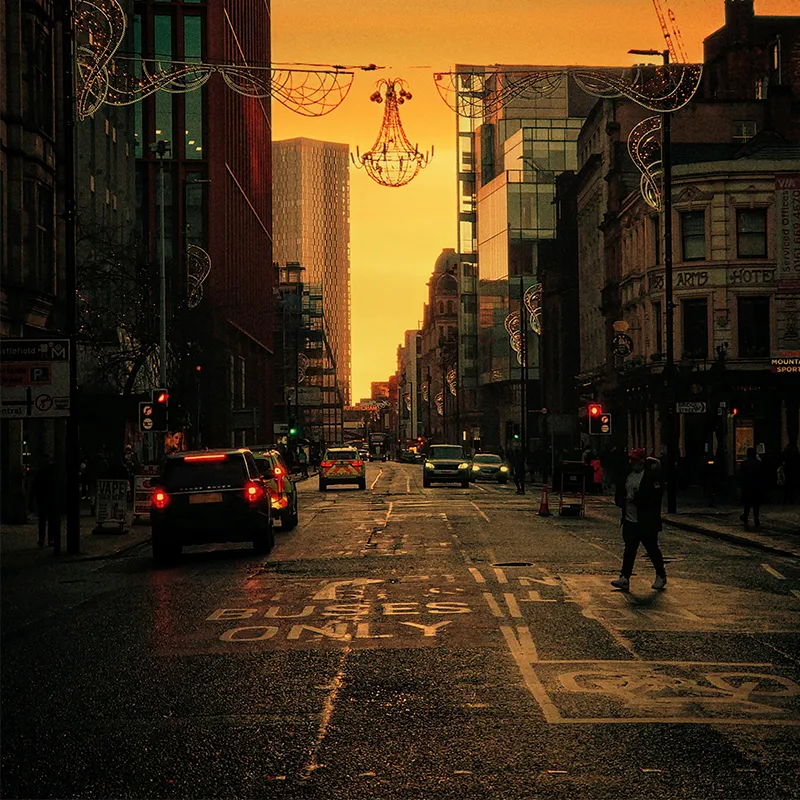 Manchester street scene at sunset