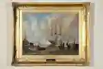 Framed painting of a old ship and rowing boat