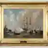 Framed painting of a old ship and rowing boat