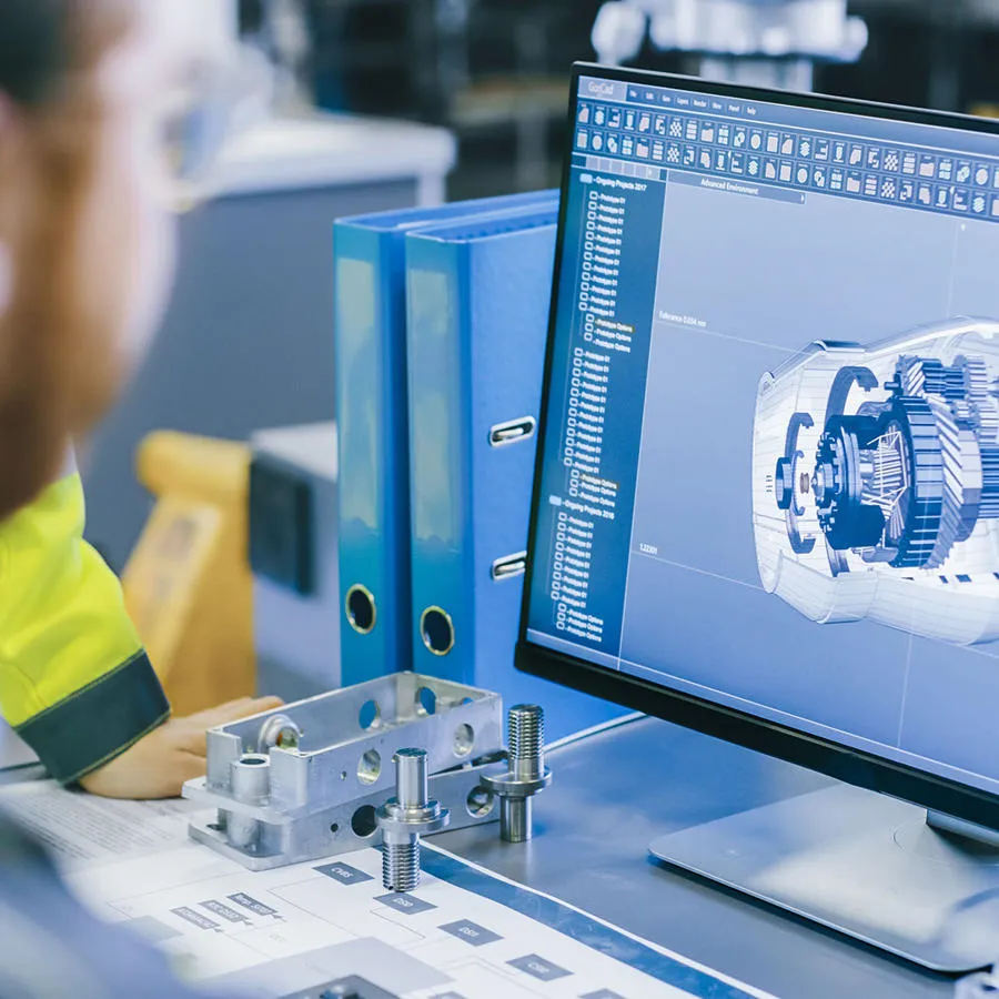 A man looks at a computer screen displaying a mechanical drawing