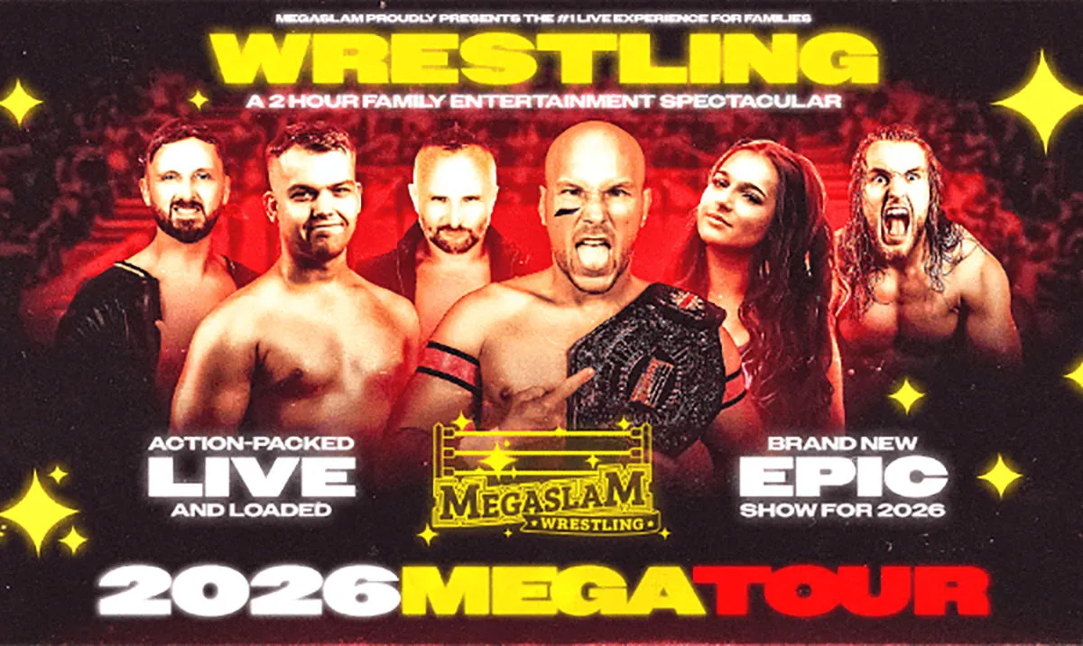 A montage of wrestlers with information from the event description