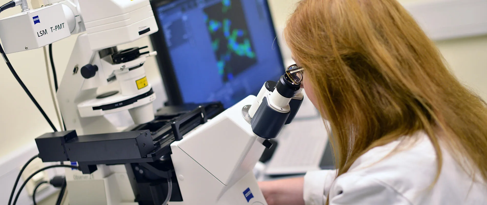 A student using a microscope in the Microscopy Lab