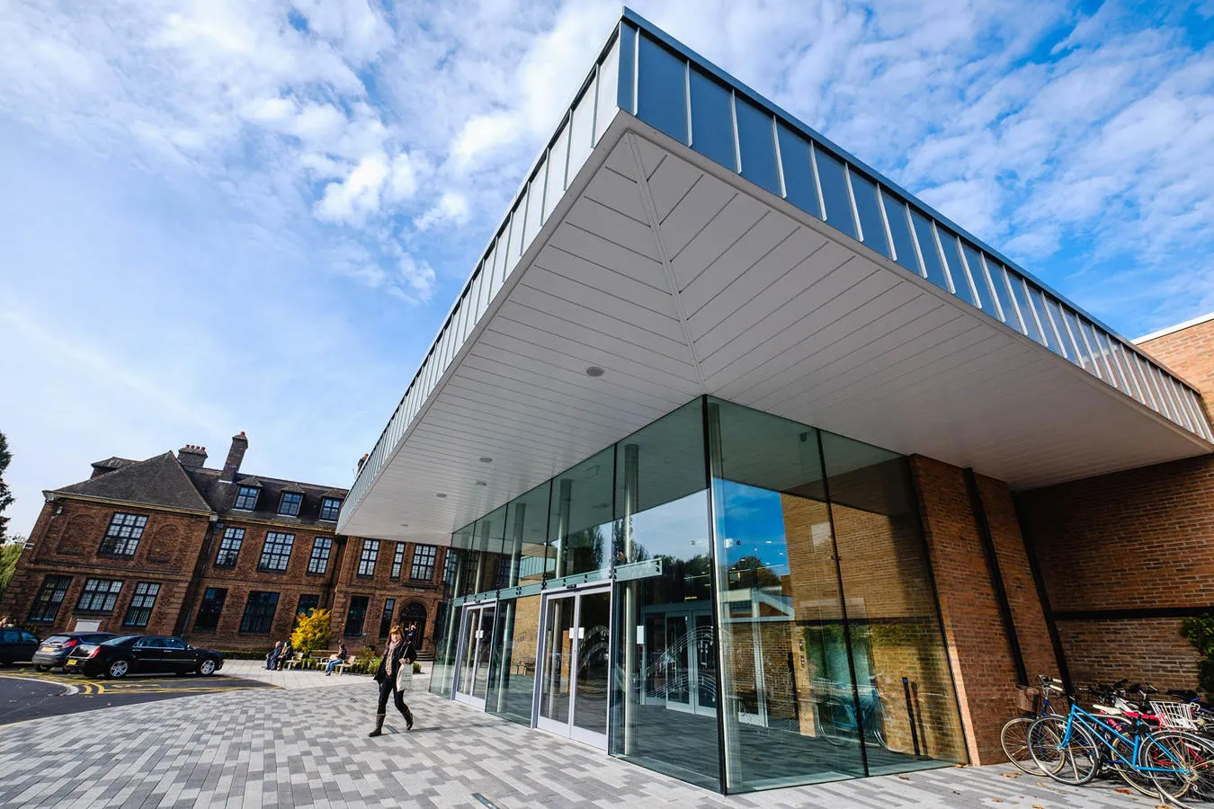 The exterior of the Middleton Hall building which is modern style glass and steel pavillion