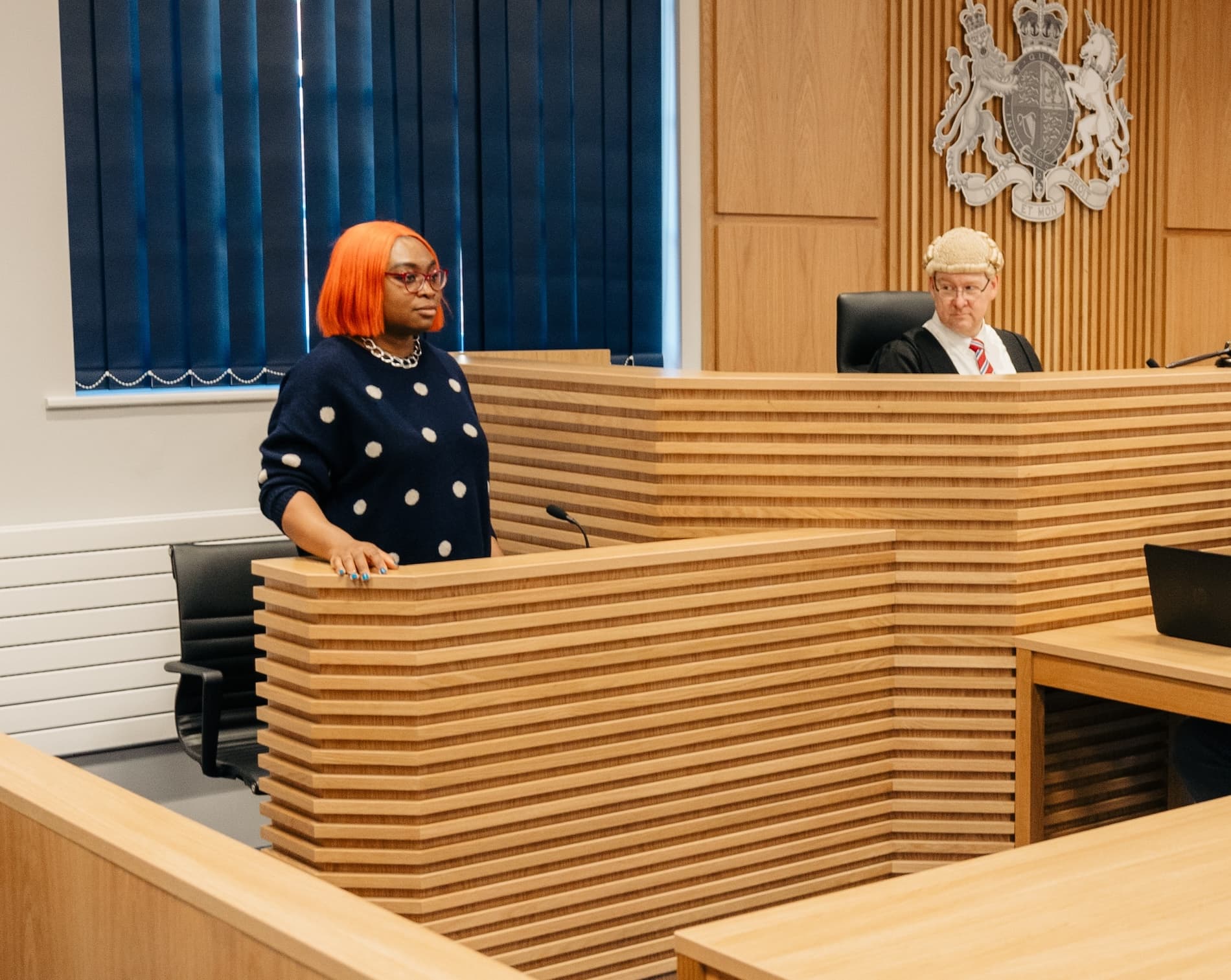 Law student in a mock courtroom