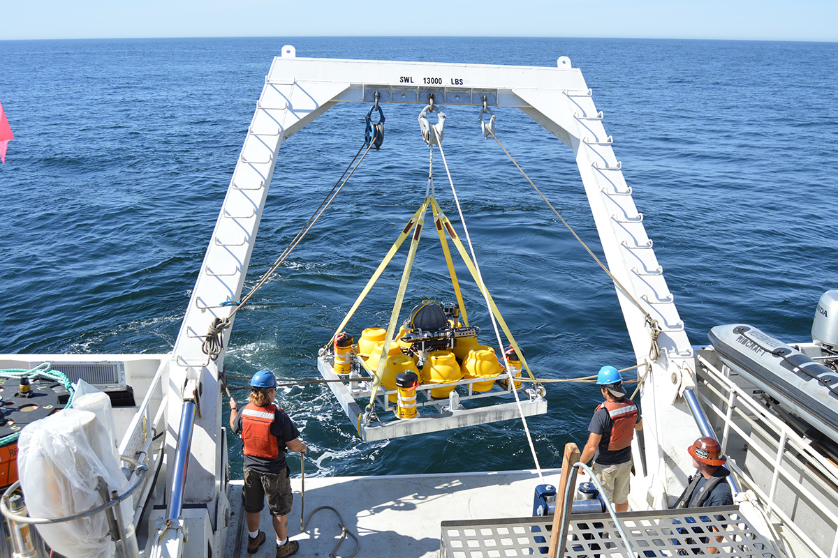 Two researchers raise equipment from the sea using a winch platform
