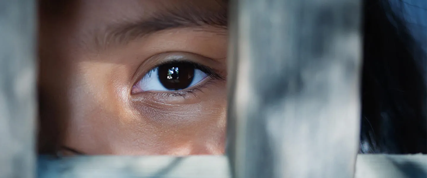 A view of a person's eye looking out between metal bars