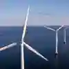 Aerial view of offshore wind turbines at sea
