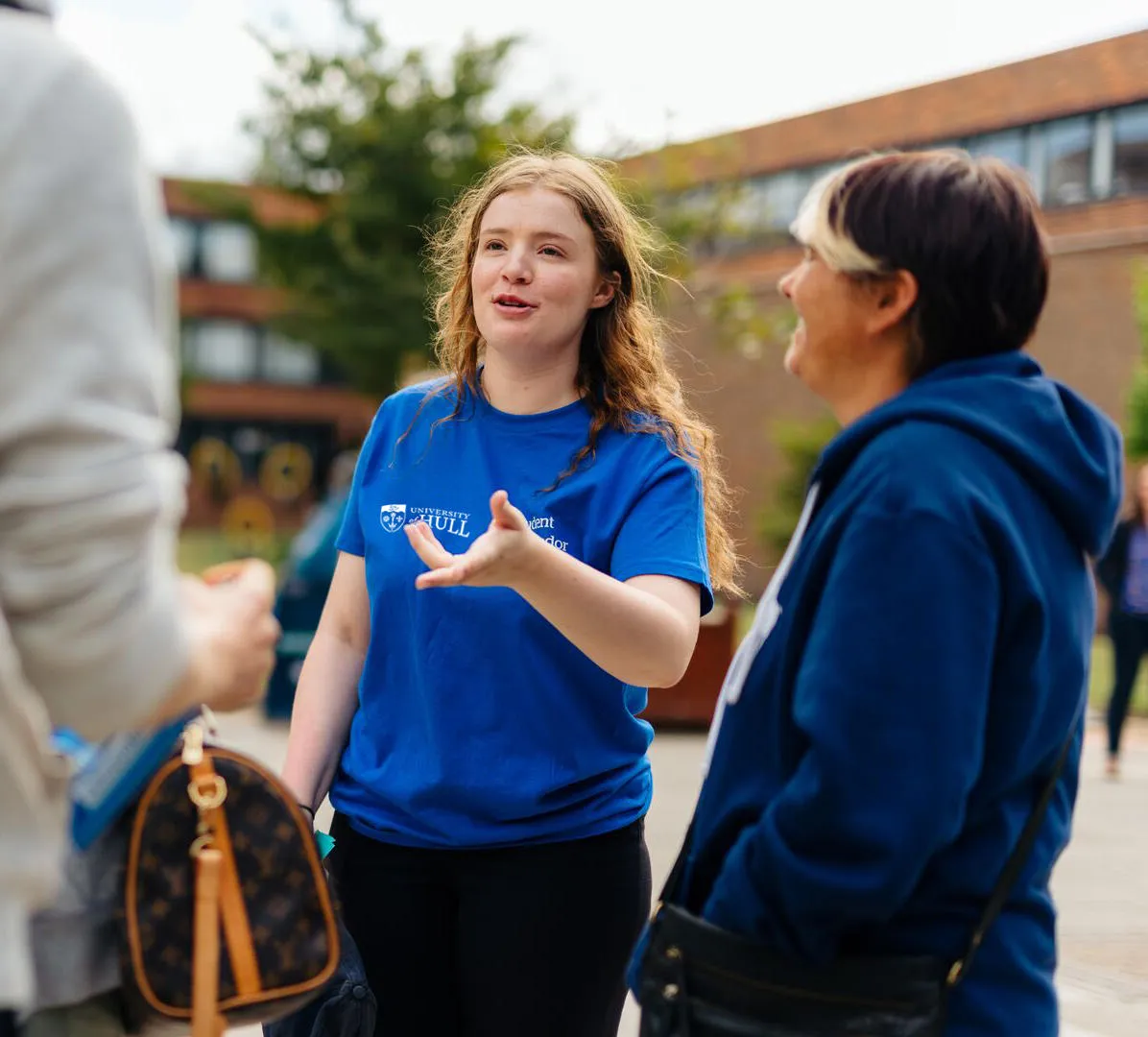 A Student ambassador with an Open Day Visitor