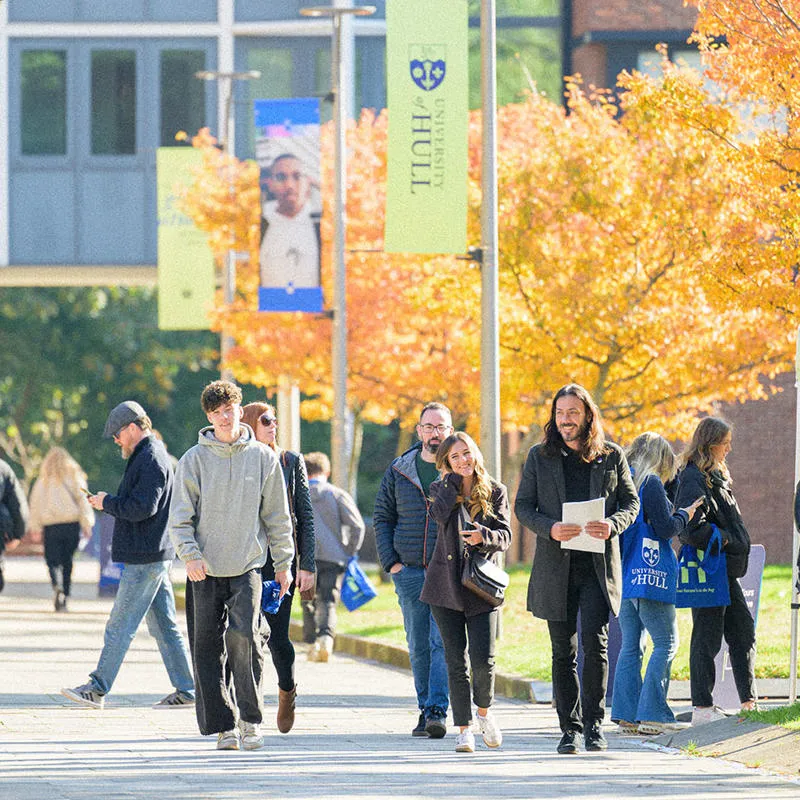 Students and parents walking around campus on an Open Day