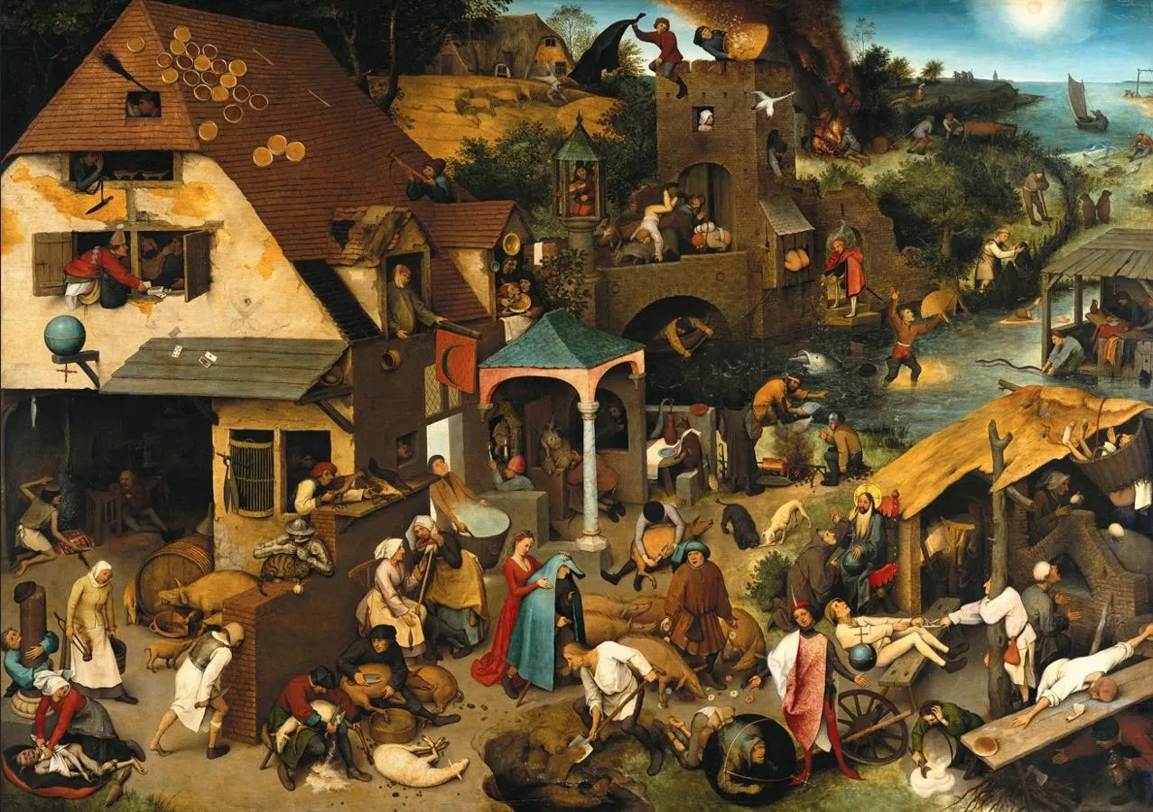 painting of village with lots on people working