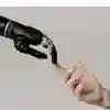 A human and robot hand touch fingertips