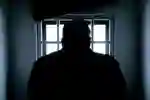 A silhouetted figure looks through a barred window