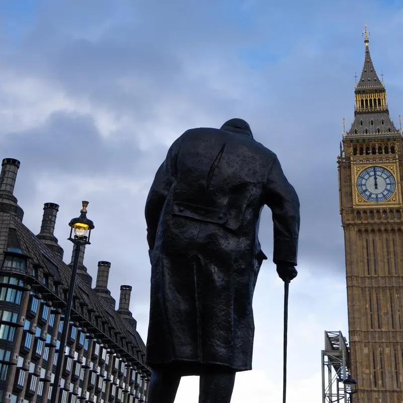 Winston Churchill statue looking towards Big Ben