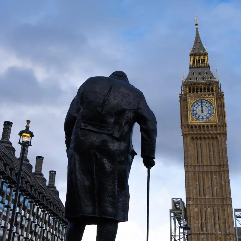 Winston Churchill statue looking towards Big Ben