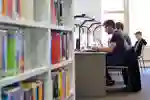 Student working at a desk in a library