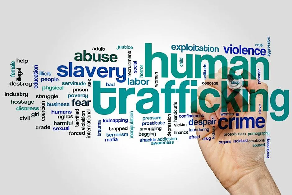Word cloud with images relating to human trafficking, including slavery, abuse, violence, crime, exploitation