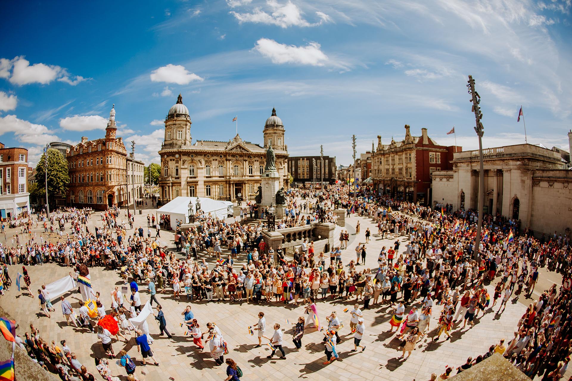 aerial shot of the Hull pride celebration taking place in the main city square