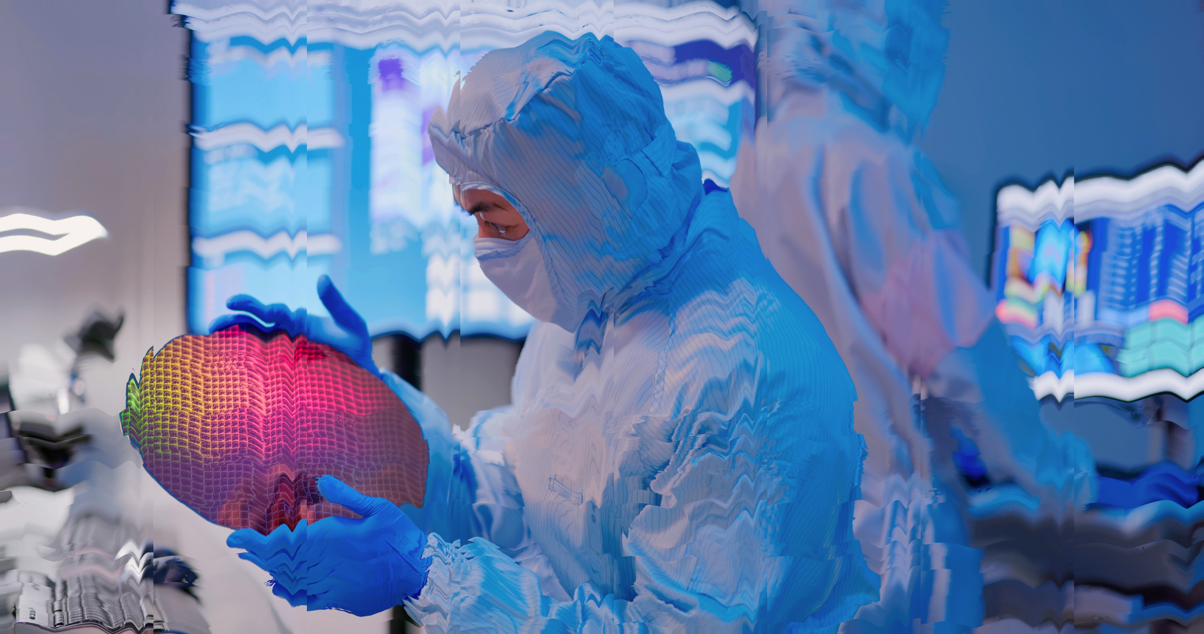 Scientist in a cleanroom suit examines a silicon wafer with data monitors in the background.