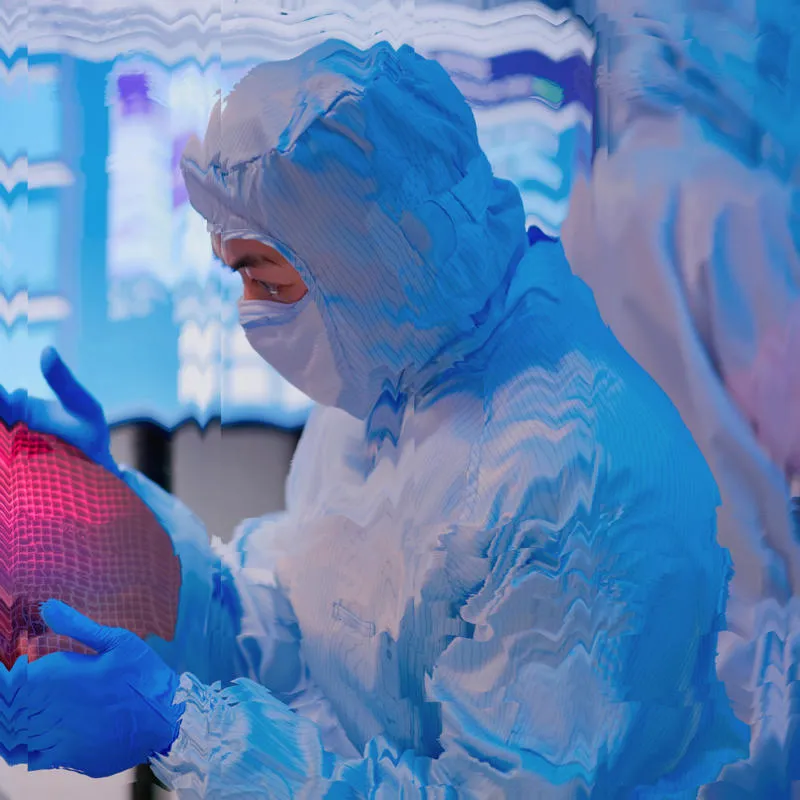 Scientist in a cleanroom suit examines a silicon wafer with data monitors in the background.