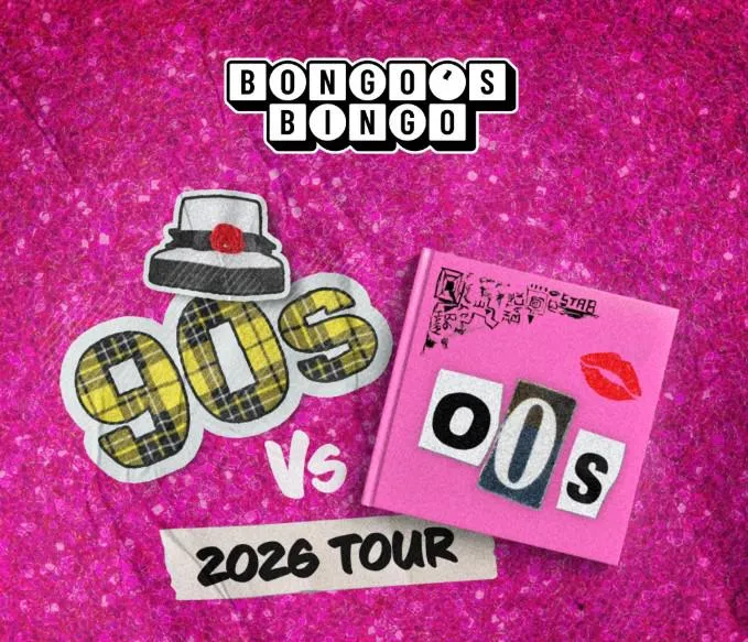 Bongo's Bingo 90's v 00's on pink glitter background
