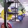 Colourful weight plates stacked on racks in the Strength and Conditioning Suite on campus.