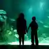 two childen stood in the foreground with a large aquarium fishtank in the background
