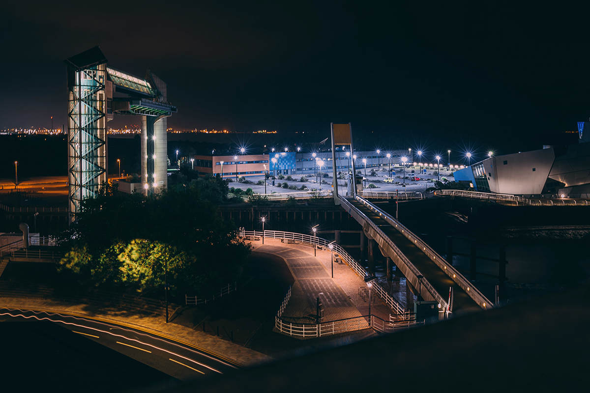Hull Tidal Barrier lit up at night