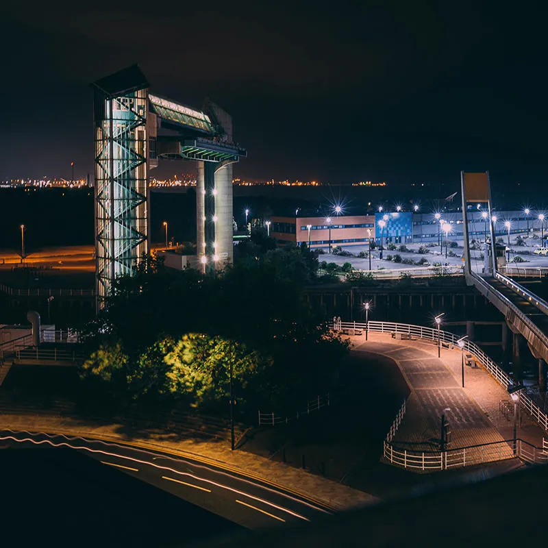 Hull Tidal Barrier lit up at night