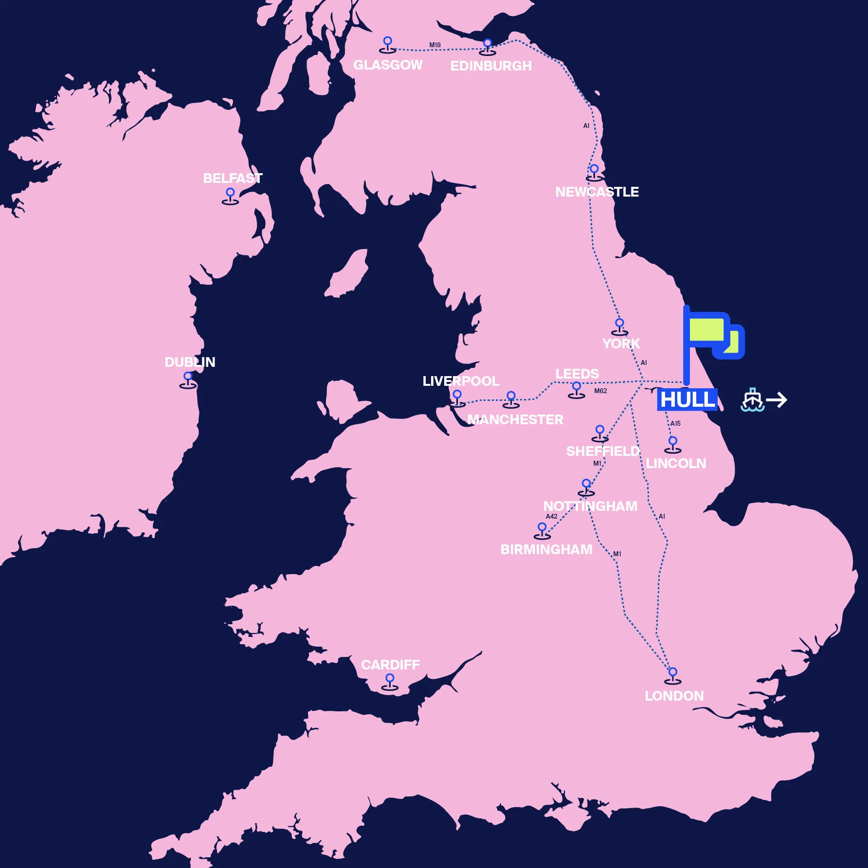 A map of the UK showing Hull's position in relation to other cities like London, Birmingham and Newcastle.