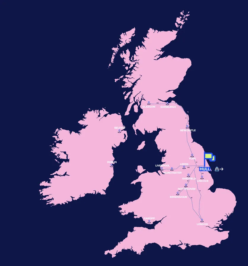 A map of the UK with a flag marking the location of the city of Hull