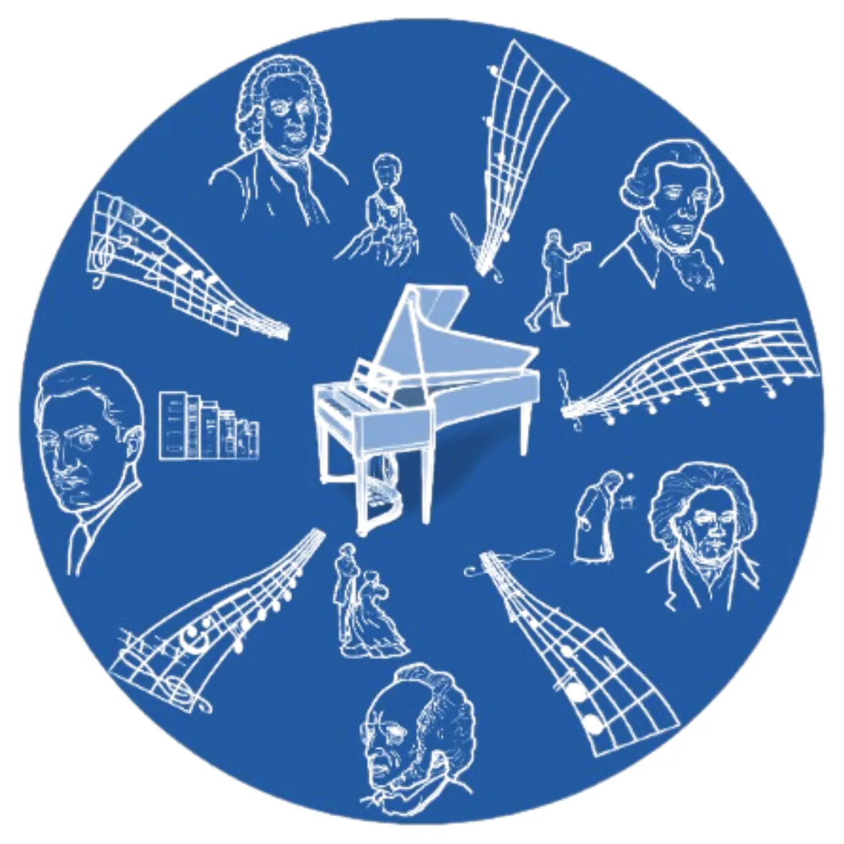 Line drawing of piano with musical notes surrounding it