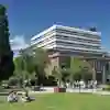 Library with student sitting on lawn in the foreground