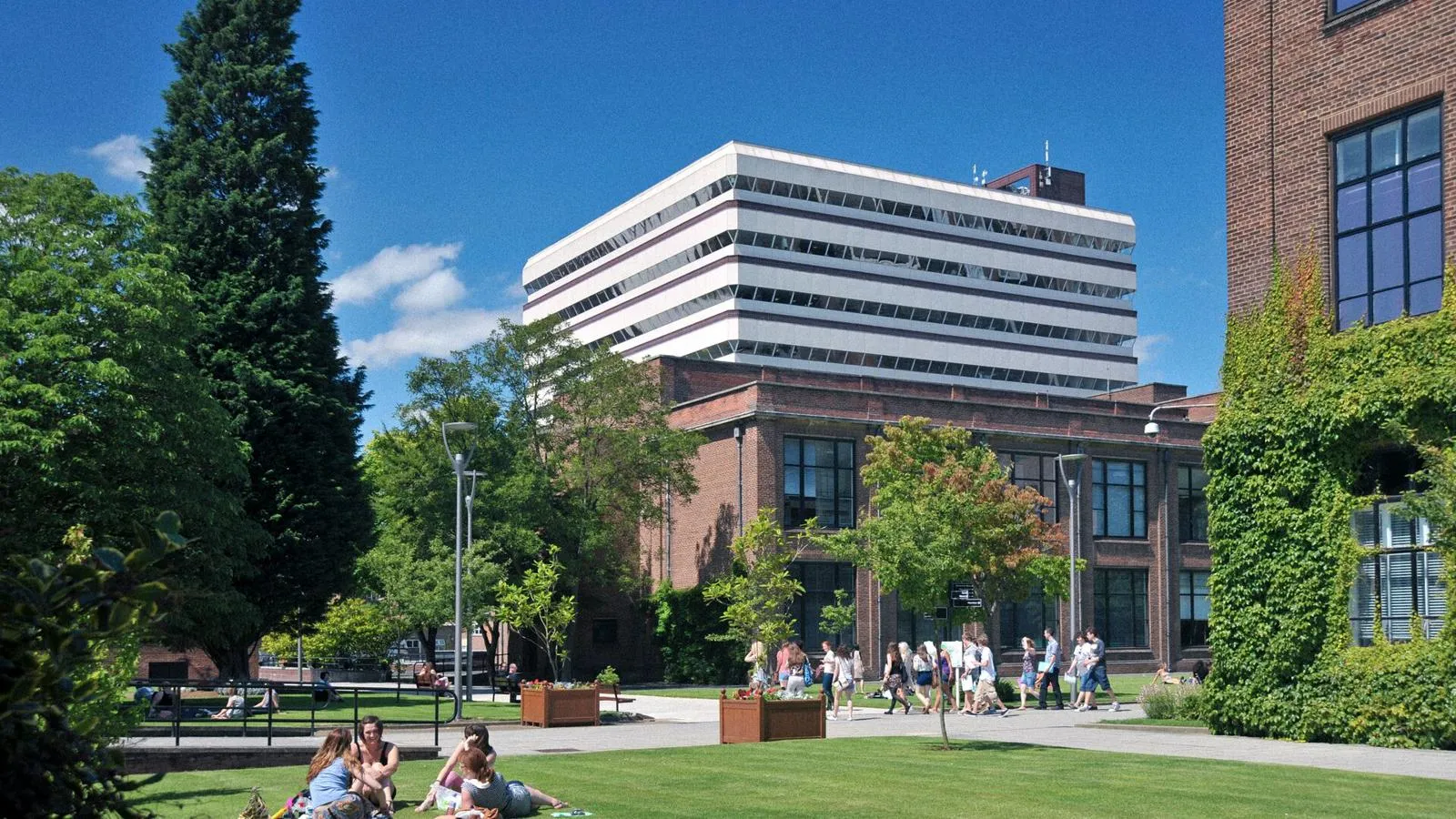 Exterior of the Brynmor Jones library with students sat on the grass in the foreground