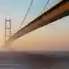 The view from the north bank of the Humber Bridge on the River Humber on a misty morning.