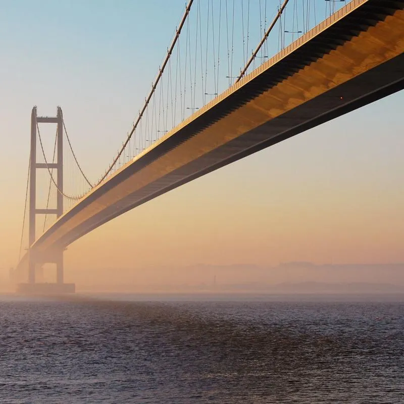 The view from the north bank of the Humber Bridge on the River Humber on a misty morning.
