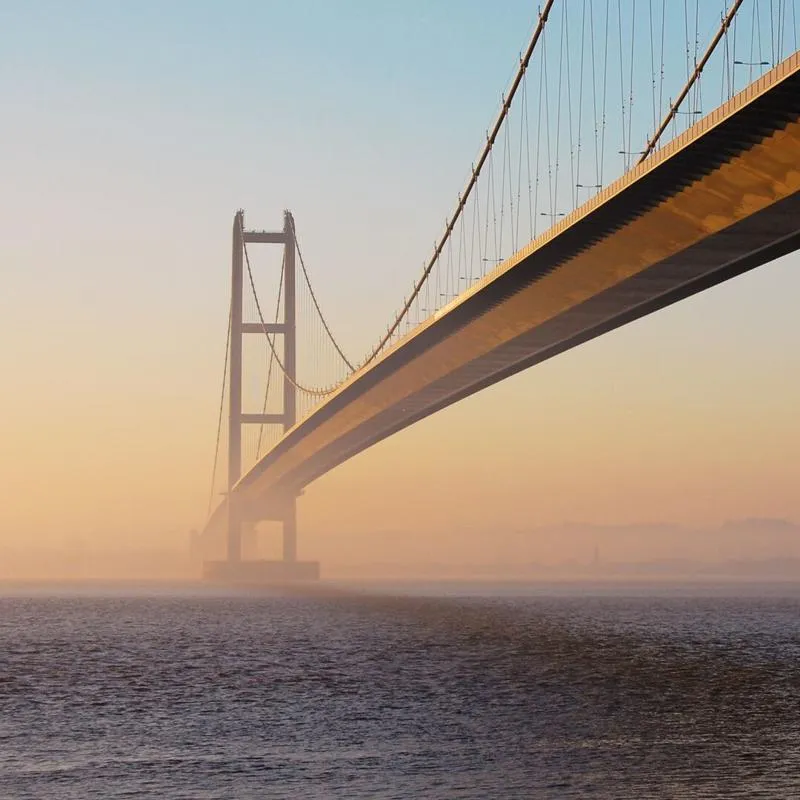 The view from the north bank of the Humber Bridge on the River Humber on a misty morning.