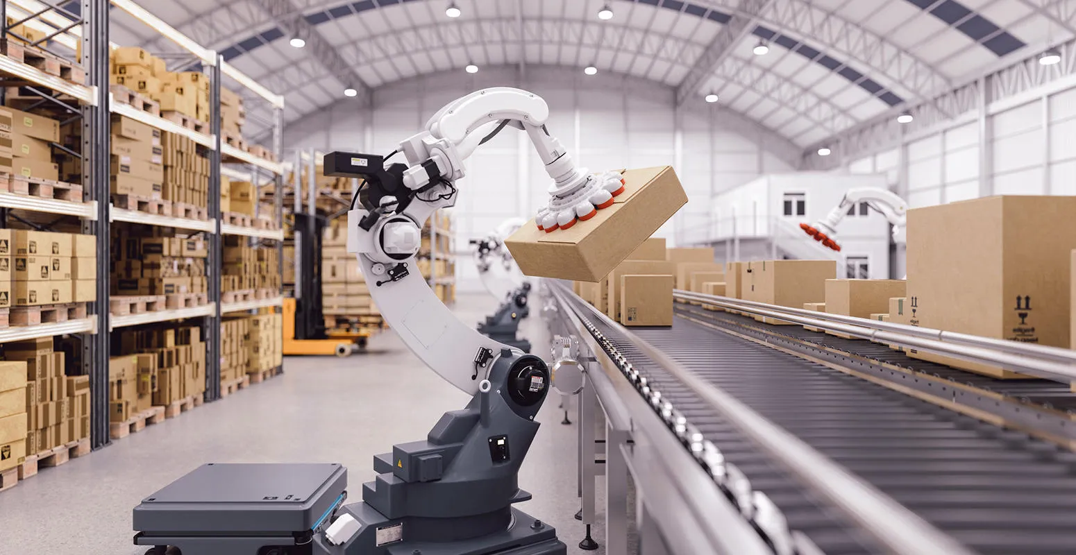 Robots working an assembly line at a factory.