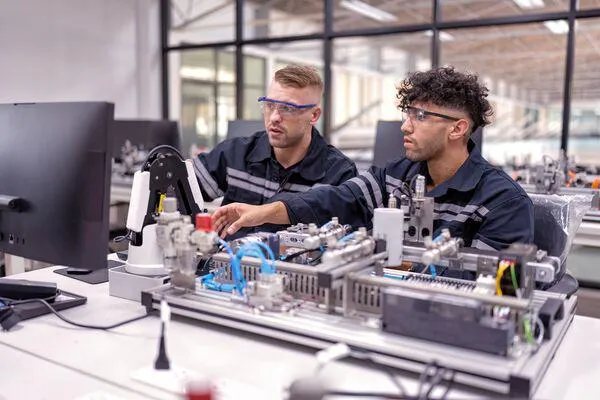 Two men working with comuters and scientific equiptment