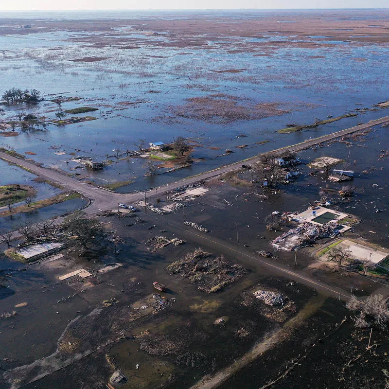 An aerial photo showing widespread flooding to fields and roads following a hurricane