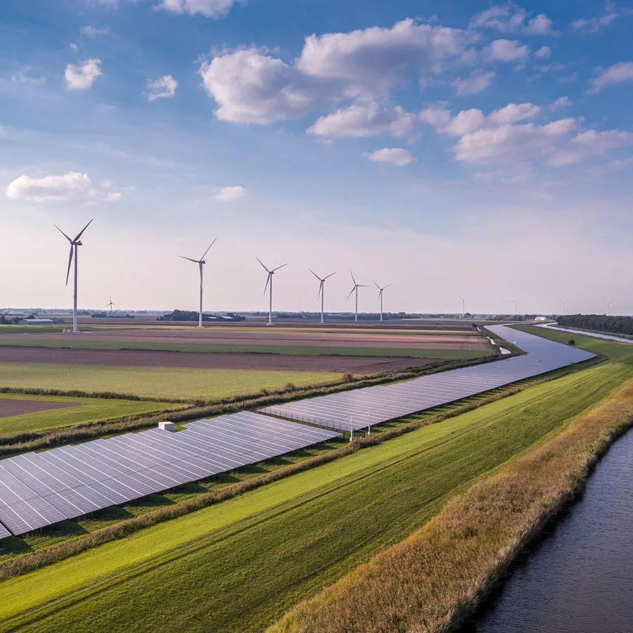 Wind turbines and solar panels in fields next to a river.