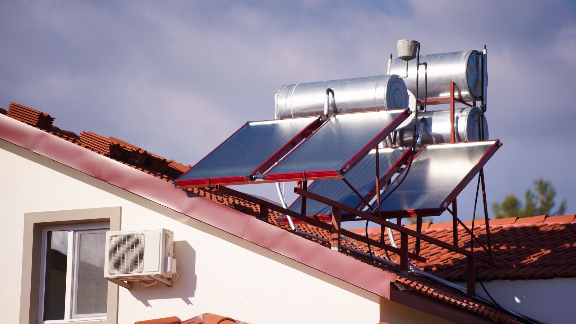 Solar water heater mounted on a house roof