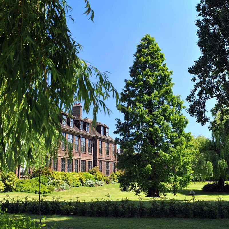Venn building front lawn, trees and greenery on a sunny day