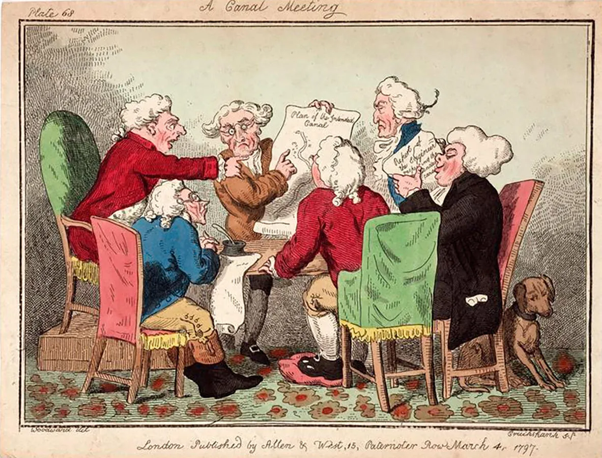 A coloured illustration from the 1790s showing a meeting of men in powdered wigs