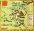 An old map of Peterborough showing town centre buildings, a river and a windmill