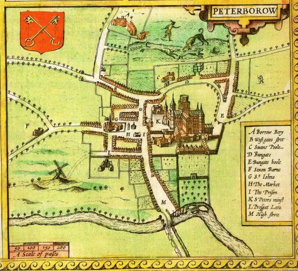 An old map of Peterborough showing town centre buildings, a river and a windmill