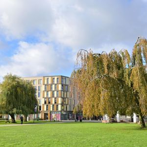 Hull University on campus student accommodation with trees in foreground