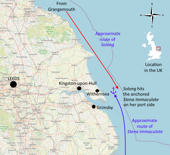 The two ships collided not far from the Yorkshire coast. Fortuna imperatrix mundi / wiki, CC BY-SA Map showing routes of two ships and collision site