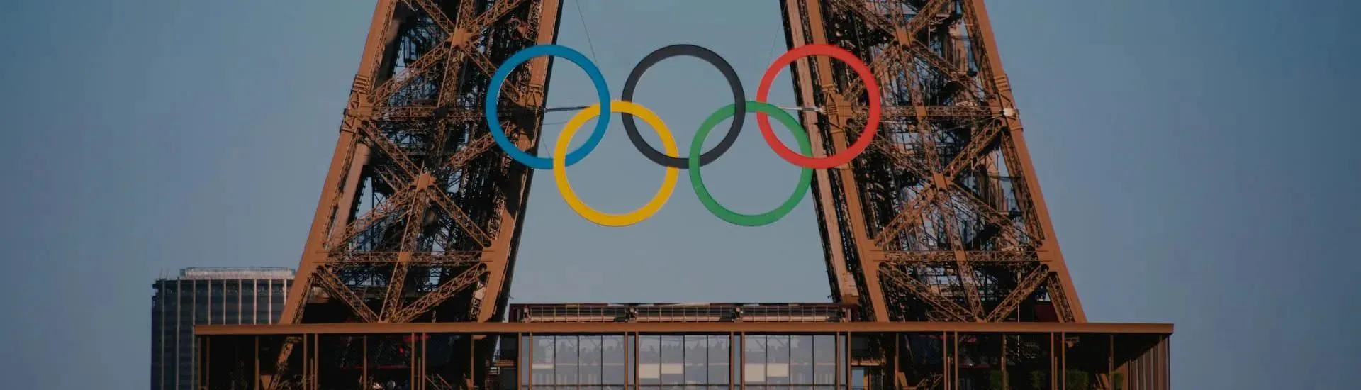A platform on the Eiffel Tower displaying Olympic rings