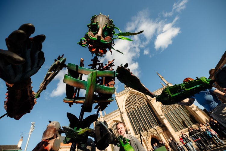 'Eko', sea-giant puppet, Autin Dance sculpture shot in front of civic building